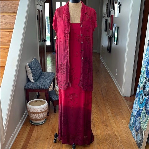 Elegant Red Floral Ombré Dress with Sheer Overlay - Picture 2 of 4